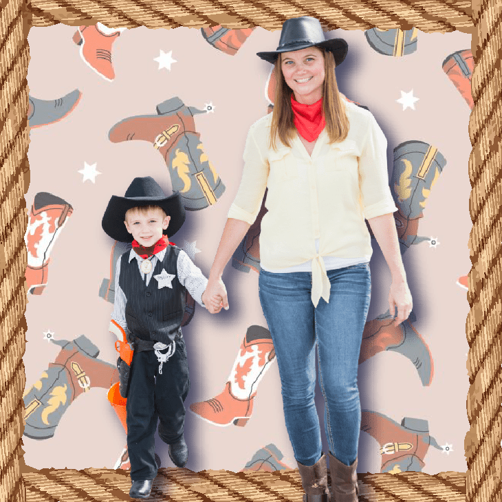 a person and a child in cowchild hats