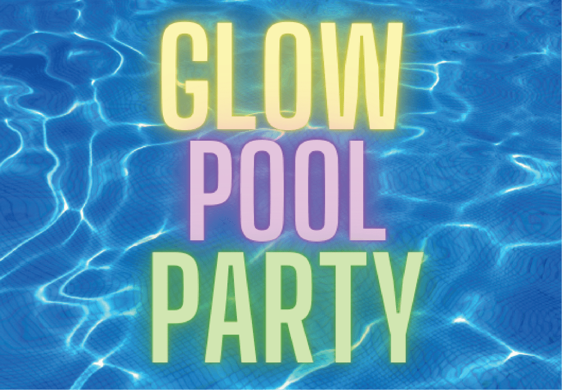 a pool with blue water and text